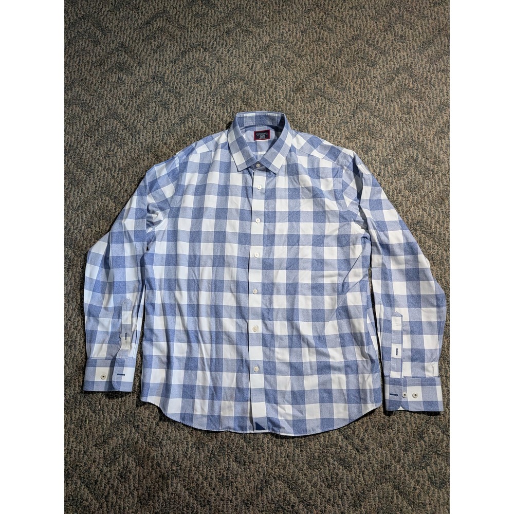 UNTUCKit Mens XL Blue White Buffalo Check Wrinkle Free Cotton Button Down Shirt